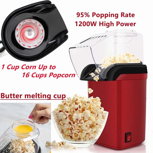 Popcorn Machine High Popping Rate, Hot Air Popper Popcorn Maker with Butter Melting Tray, Minutes Fast Popping, No Oil Healthy Snack