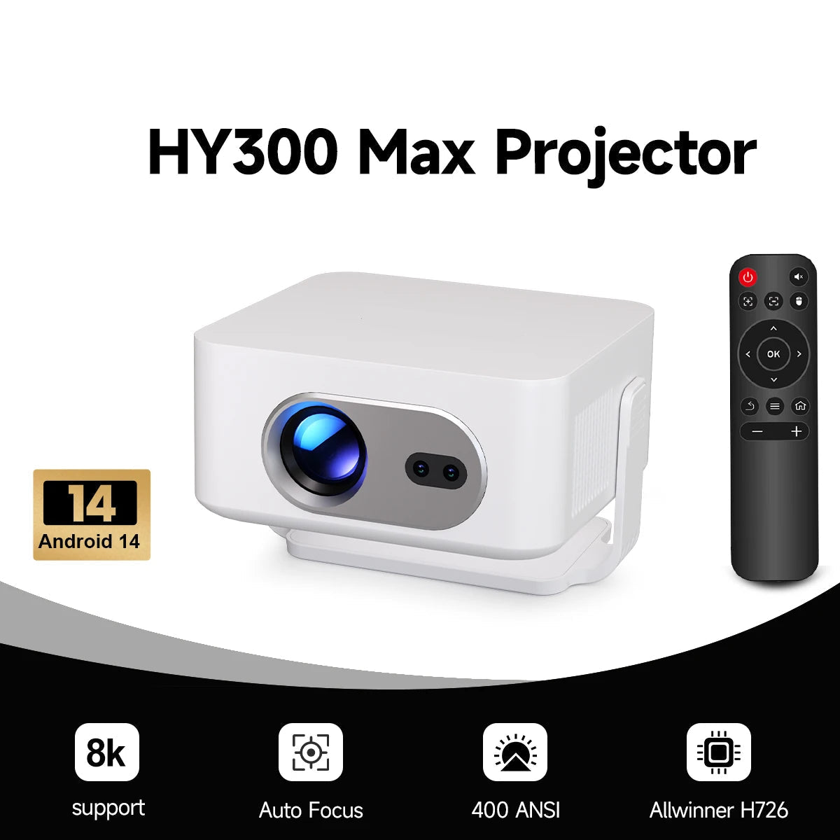 Auto Focus Android 14 4K Projector 400ANSI 8K Native 720P HY300 Max with Wifi6 BT5.4 Allwinner H726 Portable Outdoor