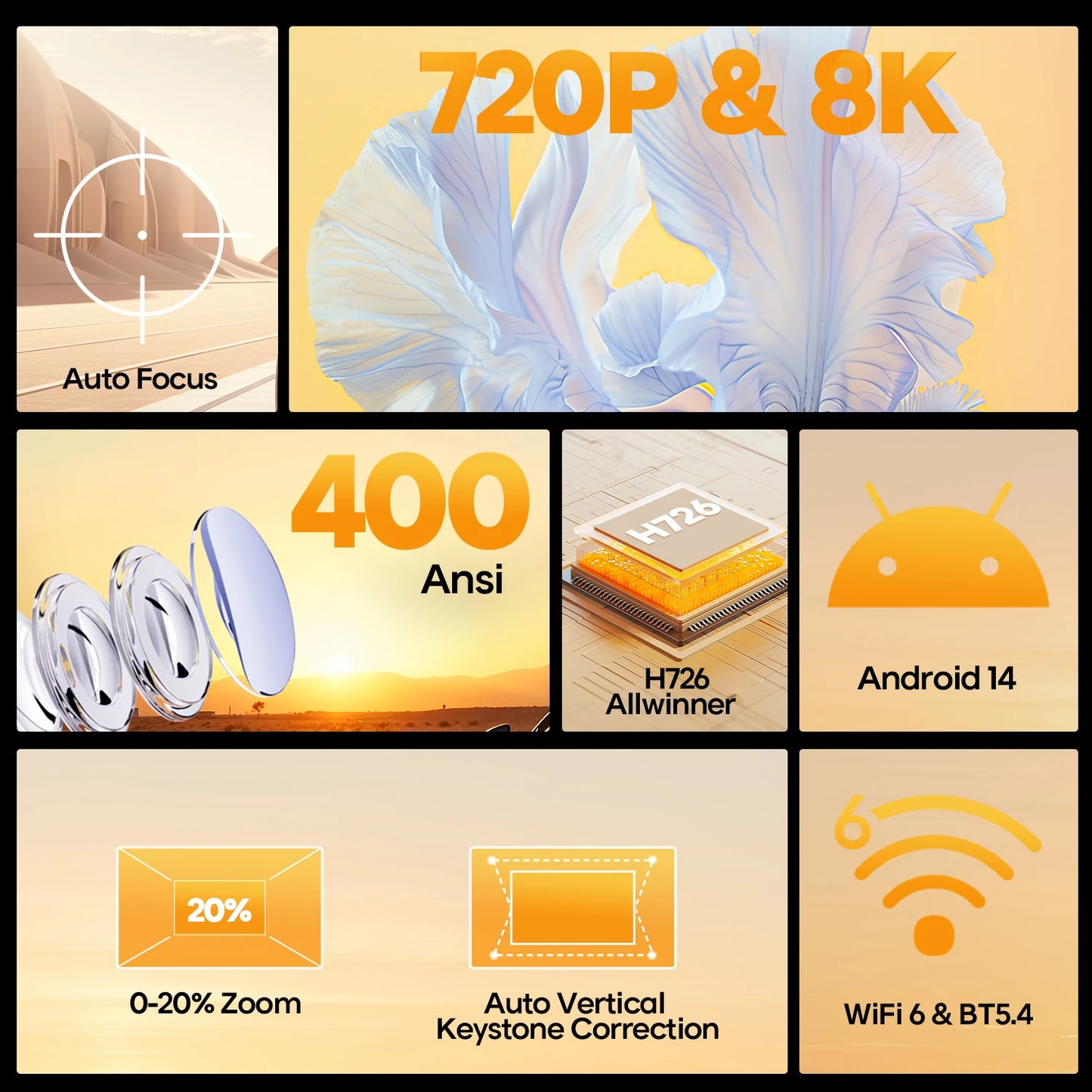 Auto Focus Android 14 4K Projector 400ANSI 8K Native 720P HY300 Max with Wifi6 BT5.4 Allwinner H726 Portable Outdoor